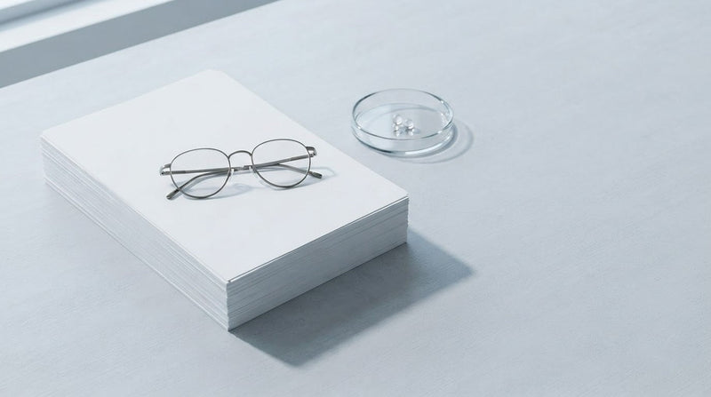 Blank paper, reading glasses and a glass dish on a pale desk