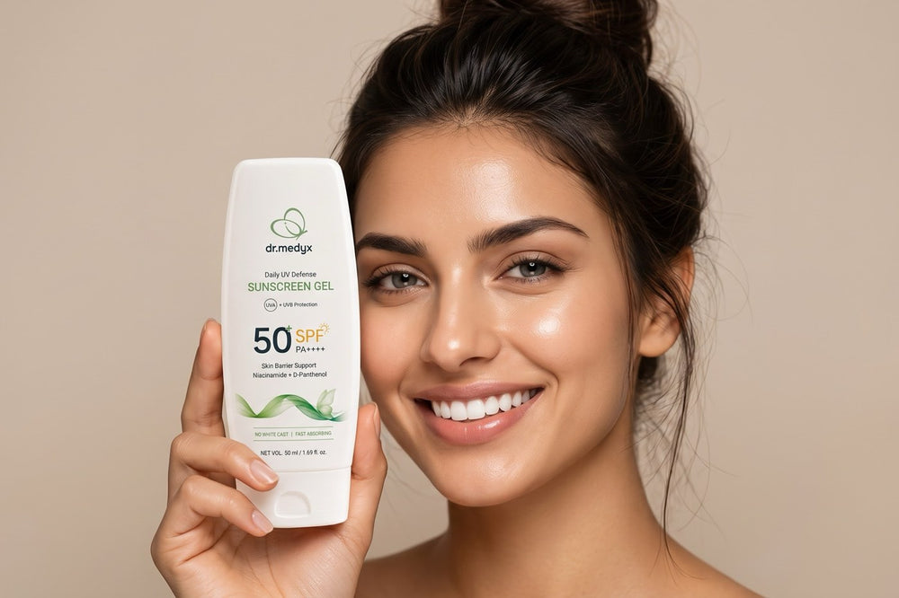 A woman smiling and holding the dr.medyx sunscreen tube beside her cheek against a plain beige wall