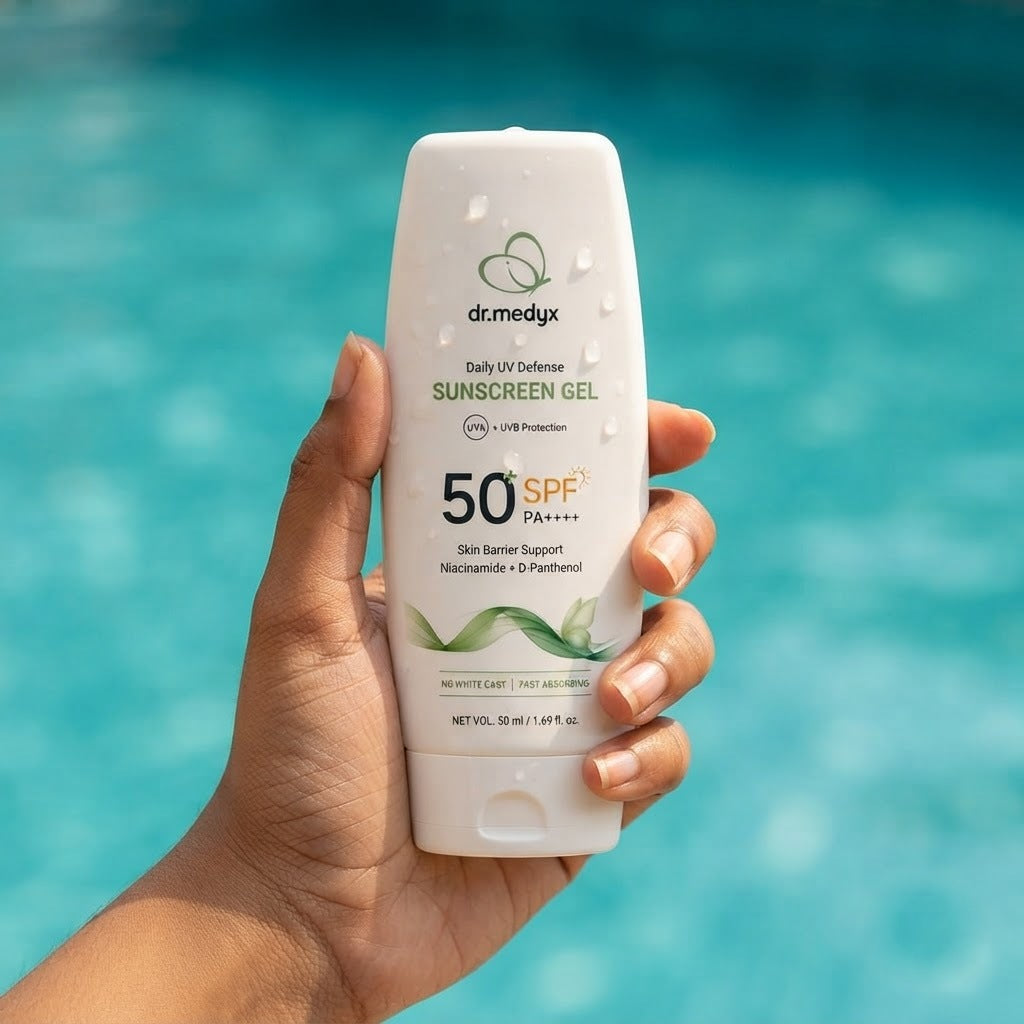 A hand holding the tube above a swimming pool in bright sun