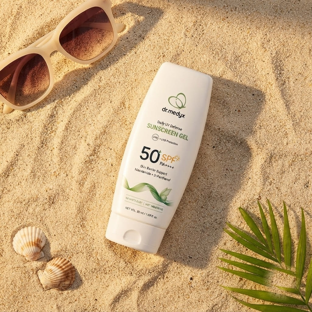 The tube on warm sand with sunglasses, shells and a palm leaf