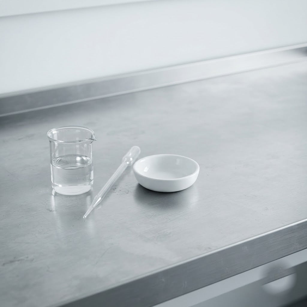 Unbranded laboratory glassware on a stainless bench in cool daylight