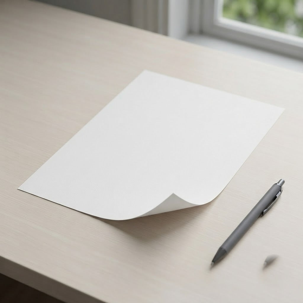 A blank sheet of paper and a pen on a pale desk in soft window light