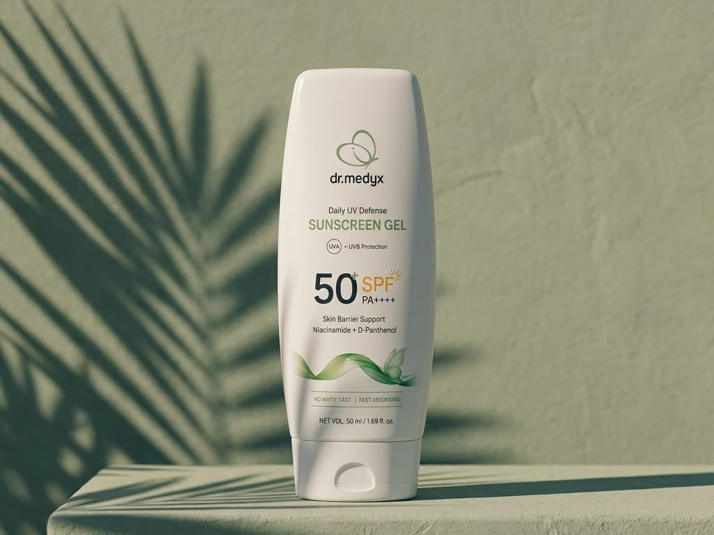 The dr.medyx tube on a sage plaster ledge under a palm shadow