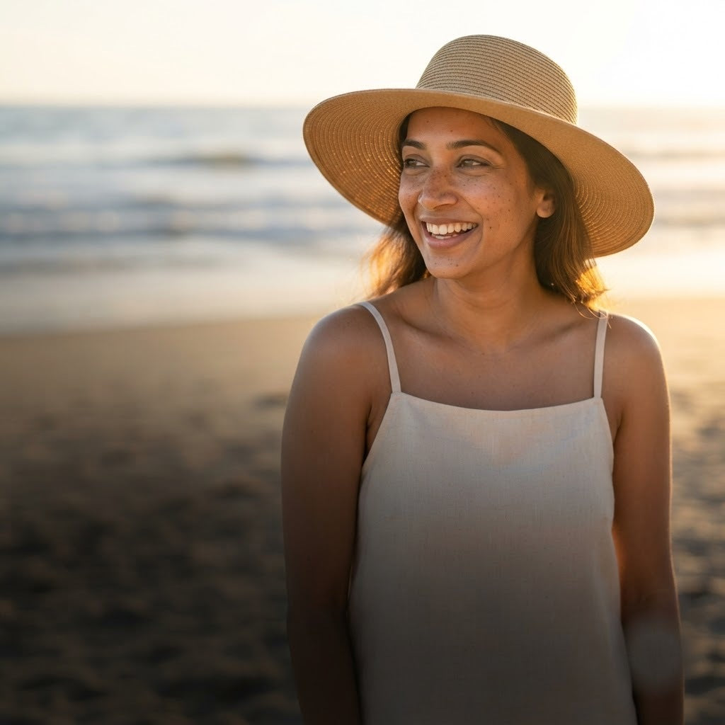 A woman in a straw hat on a beach at sunset, laughing, backlit by low sun