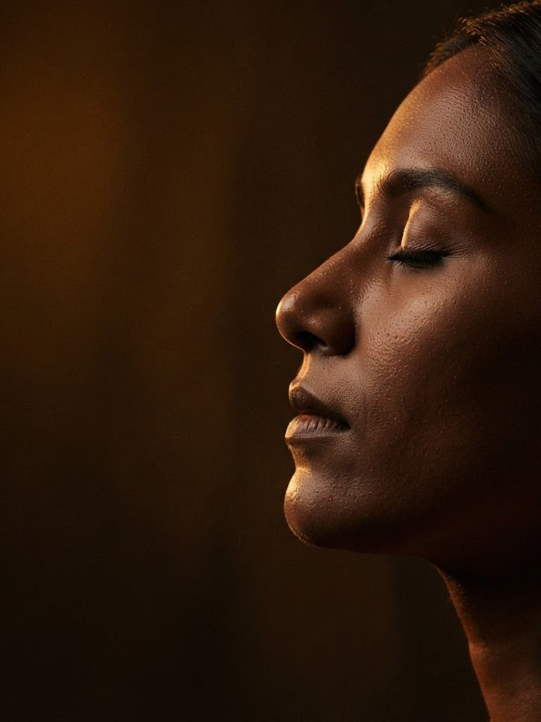 A woman's profile lit by low, raking sunlight against a dark ground